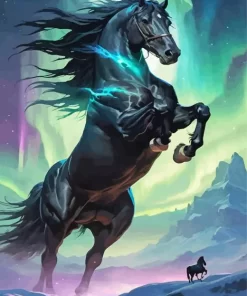 Black Horse With Aurora Lights Diamond Painting