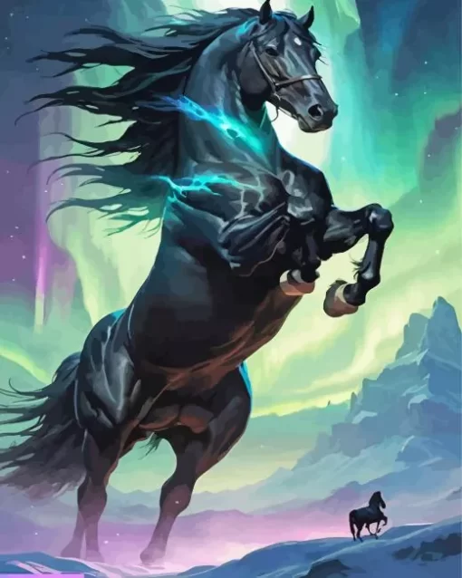 Black Horse With Aurora Lights Diamond Painting