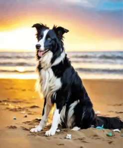 Border Collie With Beach Sunset Diamond Painting