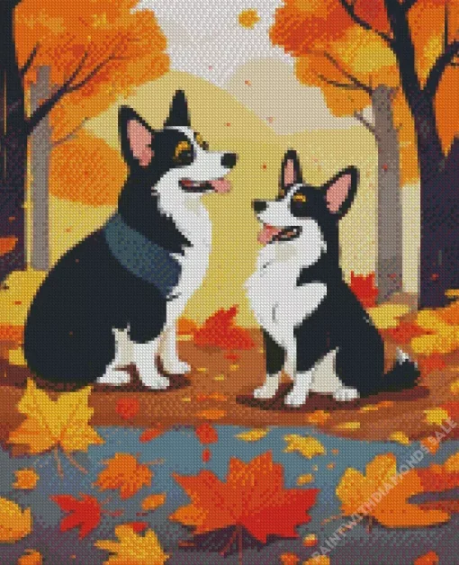 Border Collies In Autumn Leaves Diamond Painting