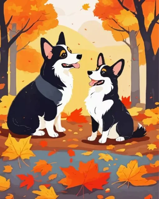 Border Collies In Autumn Leaves Diamond Painting