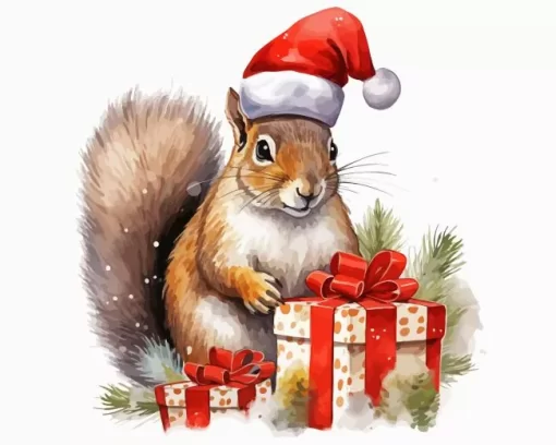 Christmas Squirrel With Gifts Diamond Painting