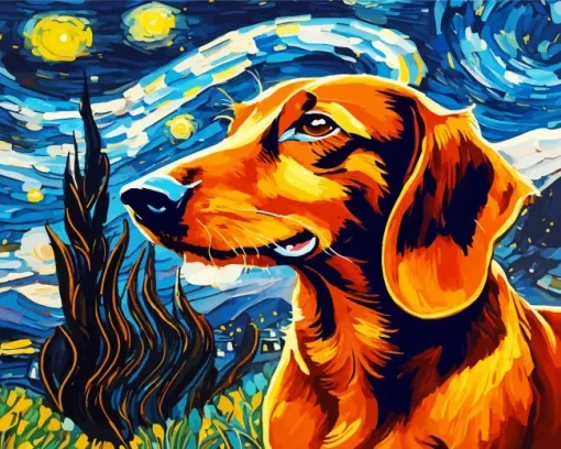 Dachshund Dog And Starry Night Diamond Painting