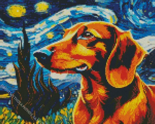 Dachshund Dog And Starry Night Diamond Painting