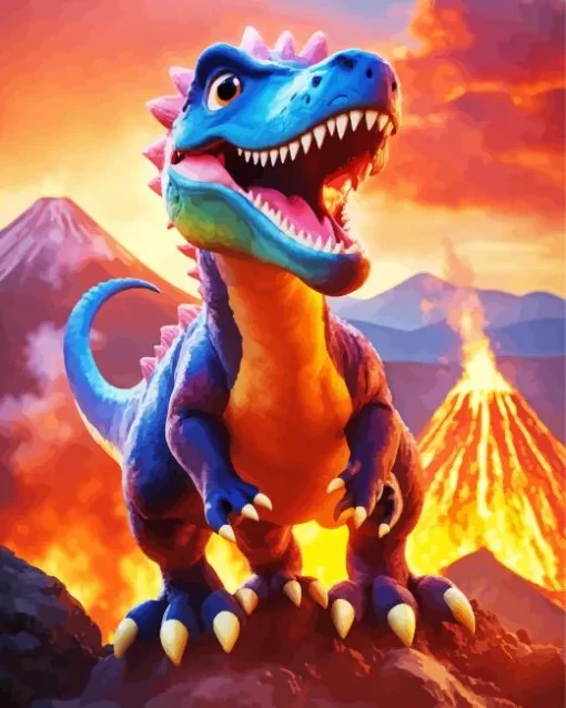 Dinosaur With Volcano Diamond Painting