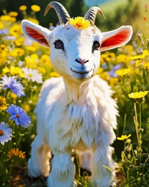 Goat In Flowers Field Diamond Painting