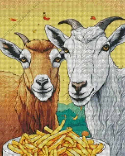 Goats Eating French Fries Diamond Painting