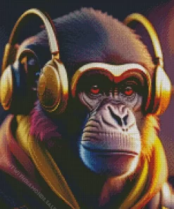 Monkey With Golden Headphones Diamond Painting