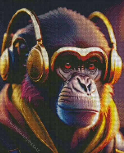 Monkey With Golden Headphones Diamond Painting