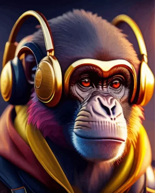 Monkey With Golden Headphones Diamond Painting