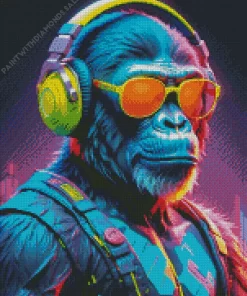 Monkey With Green Headphones Diamond Painting