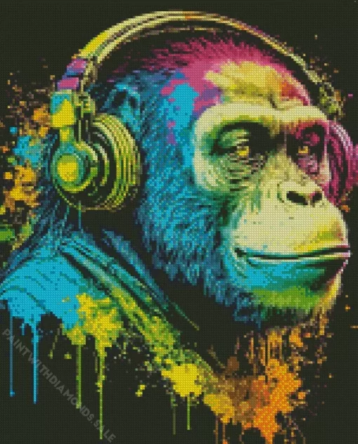 Monkey With Headphones Splatter Diamond Painting