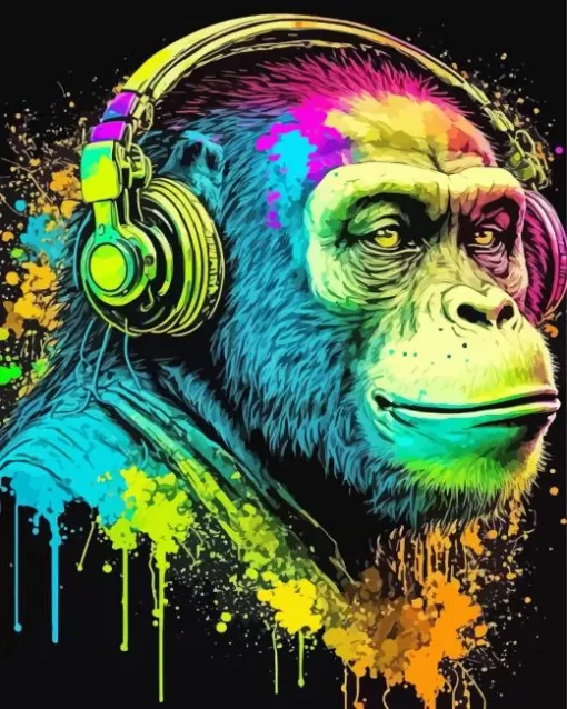 Monkey With Headphones Splatter Diamond Painting