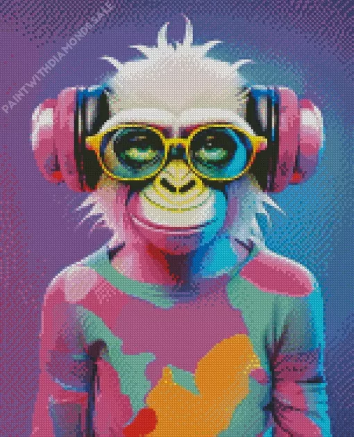 Monkey With Pink Headphones Diamond Painting