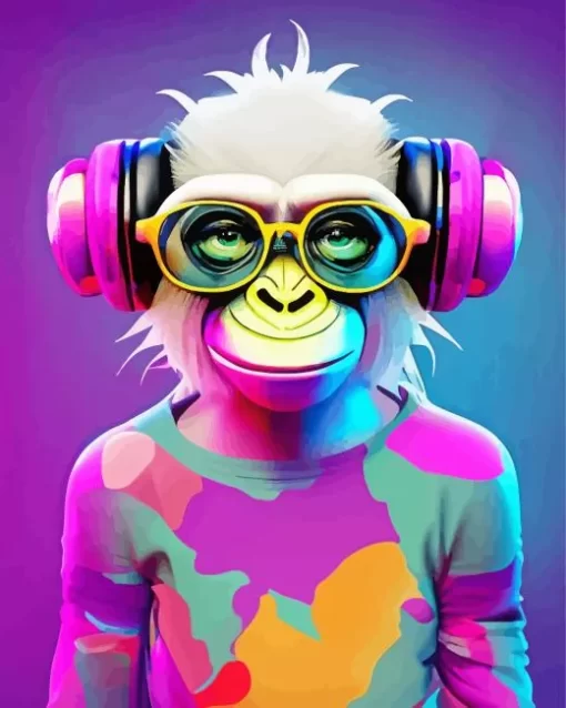 Monkey With Pink Headphones Diamond Painting