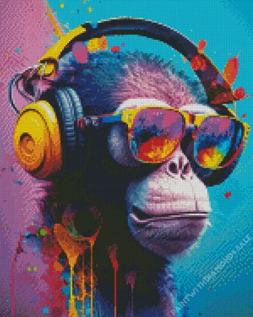 Monkey With Yellow Headphones Diamond Painting