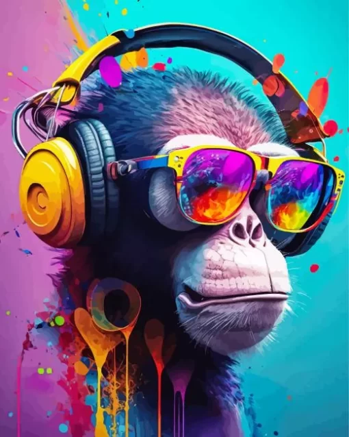 Monkey With Yellow Headphones Diamond Painting