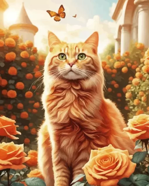 Orange Cat With Flowers Diamond Painting