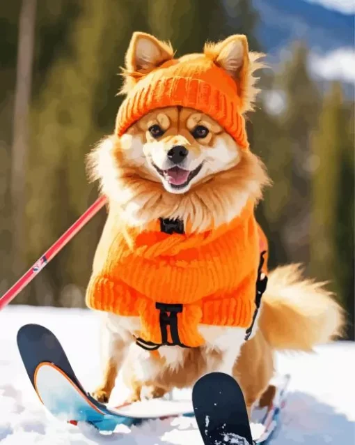 Pomeranian Skiing Diamond Painting