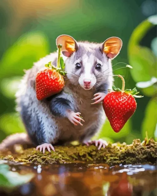 Rat With Strawberries Diamond Painting