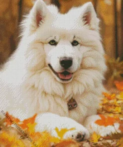 Samoyed Dog In Autumn Leaves Diamond Painting