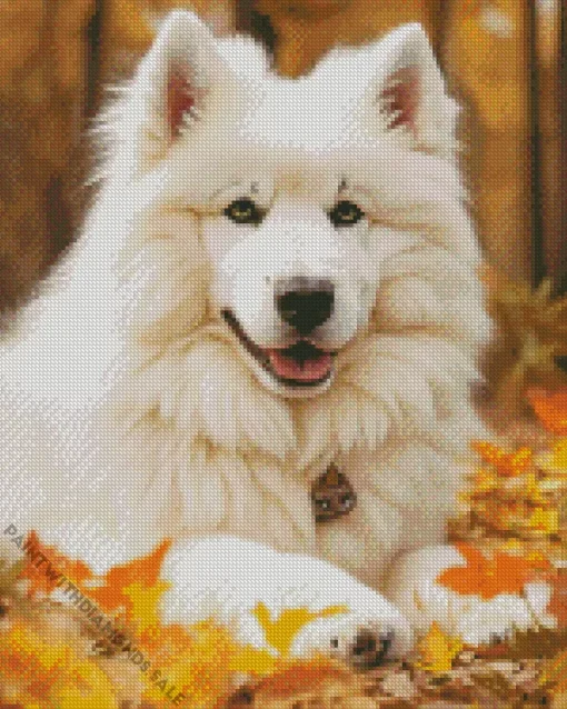 Samoyed Dog In Autumn Leaves Diamond Painting