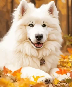 Samoyed Dog In Autumn Leaves Diamond Painting