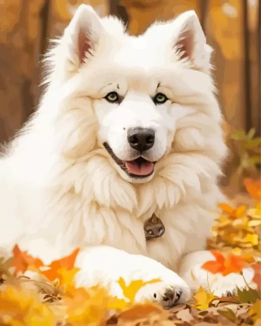 Samoyed Dog In Autumn Leaves Diamond Painting