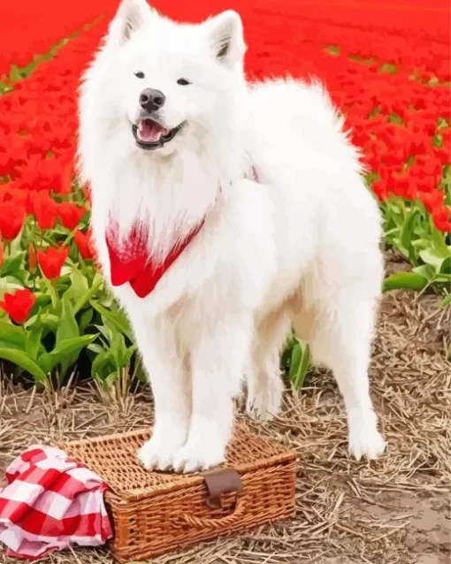 Samoyed Dog In Flowers Field Diamond Painting