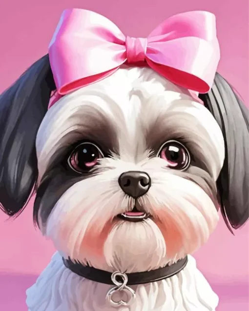 Shih Tzu With Pink Bow Diamond Painting