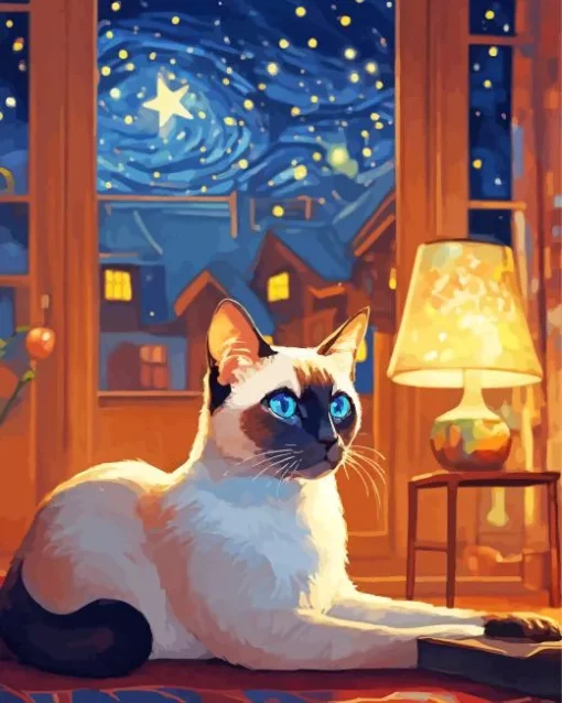 Siamese Cat In A Starry Night Diamond Painting