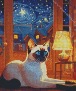 Siamese Cat In A Starry Night Diamond Painting