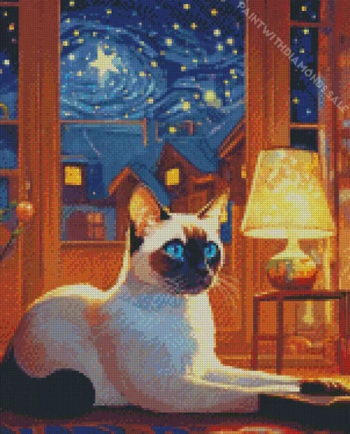 Siamese Cat In A Starry Night Diamond Painting