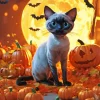 Siamese Cat With Halloween Pumpkins Diamond Painting