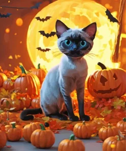 Siamese Cat With Halloween Pumpkins Diamond Painting