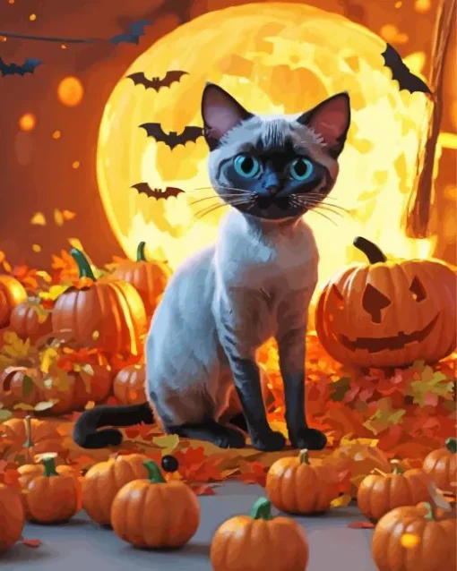 Siamese Cat With Halloween Pumpkins Diamond Painting