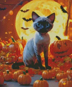 Siamese Cat With Halloween Pumpkins Diamond Painting