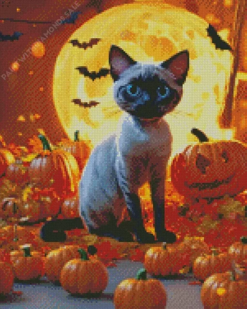 Siamese Cat With Halloween Pumpkins Diamond Painting