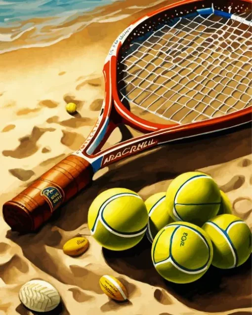 Tennis Racket And Balls In The Beach Diamond Painting