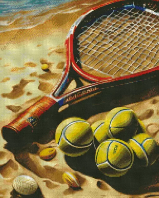 Tennis Racket And Balls In The Beach Diamond Painting