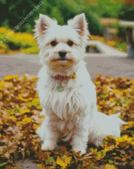 Westy Dog In Autumn Leaves Diamond Painting