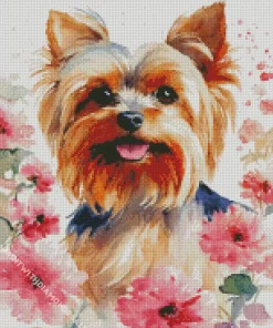 Yorkshire Terrier With Pink Flowers Diamond Painting