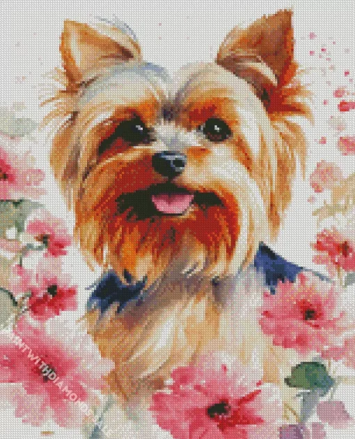 Yorkshire Terrier With Pink Flowers Diamond Painting