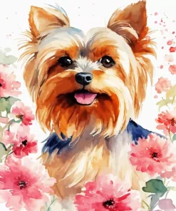 Yorkshire Terrier With Pink Flowers Diamond Painting