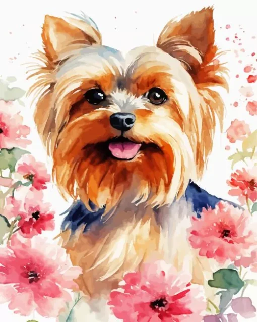 Yorkshire Terrier With Pink Flowers Diamond Painting