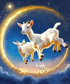 Adorable Baby Goats With Crescent Moon Diamond Painting