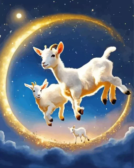 Adorable Baby Goats With Crescent Moon Diamond Painting