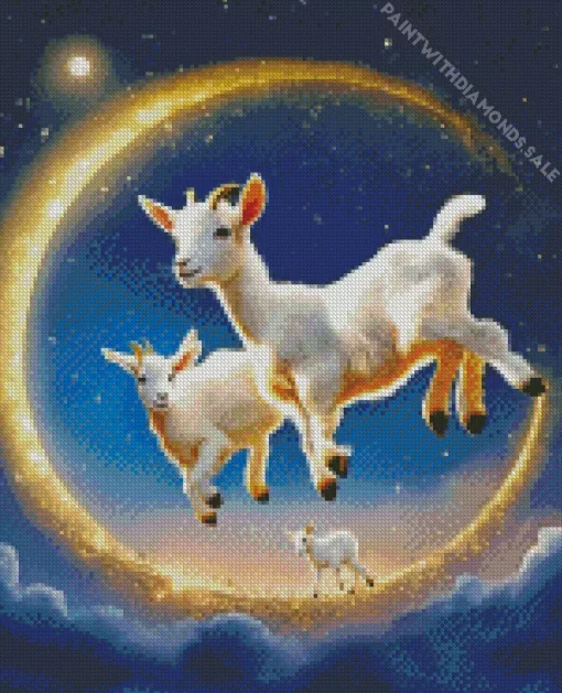 Adorable Baby Goats With Crescent Moon Diamond Painting