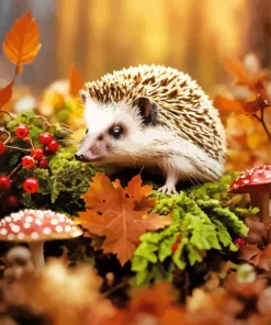 Autumn Hedgehog And Mushrooms Diamond Painting