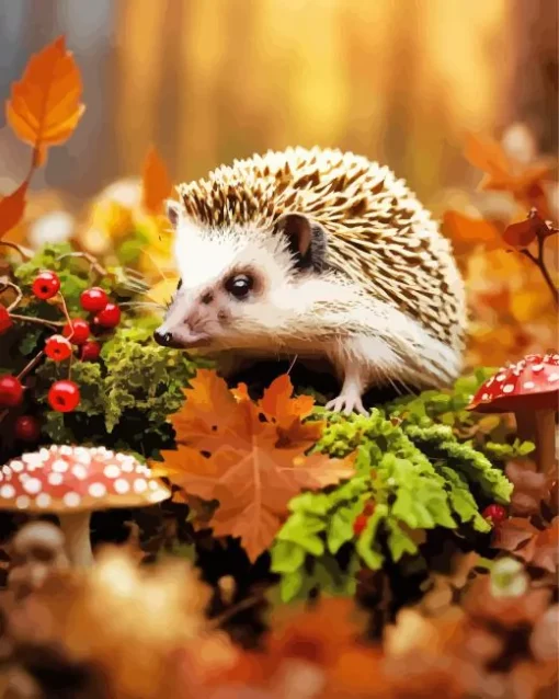 Autumn Hedgehog And Mushrooms Diamond Painting